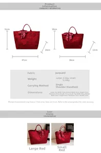 Größentabelle für große und kleine rote Jacquard-Taschen mit Maßen und Gewichtangaben