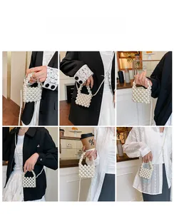 Detailed grid showing white pearl woven mini bag with long strap and handheld options