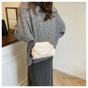 Detail of white lace pleated evening bag with gold metal frame and pearl chain handle