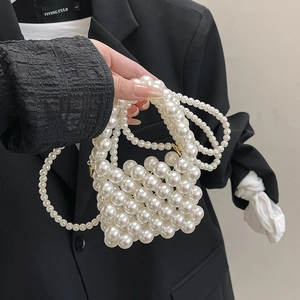 Elegant Mini Artificial Pearl Handbag Hand Woven Square Crossbody Bag For Women Lady White Beaded Shoulder Bag For Party Daily Bag