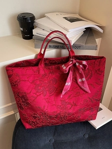 Vintage Chinesischer Stil Blumen Jacquard Tote Bag Für Damen Große Kapazität Rote Hochzeit Handtasche Mit Schleife