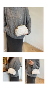 Detail of white lace frame bag with pearl handle and golden chain strap in three views