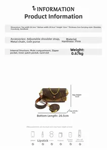 Detailed dimensions of brown textured crossbody bag with chain and round pouch