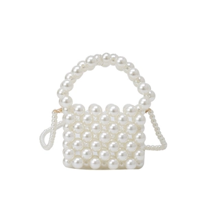 Elegant mini handmade white faux pearl handbag with crossbody chain and top handle