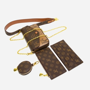 Detailed close-up of a 4-piece set including flap chain bag, wallet, card holder and coin purse