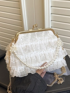 Vintage Lace Artificial Pearl Handbag For Women Elegant Ruffle Evening Bag With Gold Chain Strap Kiss Lock Crossbody Bag For Wedding