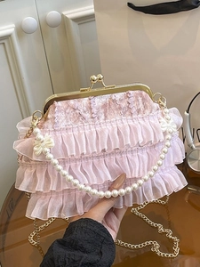 Elegant pink lace cheongsam handbag with pearls and gold chain strap for banquet