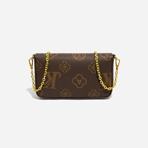 Detail of vintage brown monogram pattern and premium gold chain on leather crossbody bag
