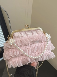 Pink lace tiered handbag with pearl handle and golden kiss-lock for evening events