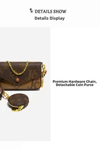 Detail of monogram leather crossbody bag with gold chain and detachable round coin purse