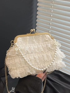White lace ruffle handbag with pearl bow handle and metal chain for Chinese cheongsam