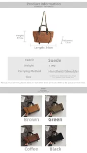 Detail view of large suede tote bag with dimensions 34x17x12cm and metal chain strap