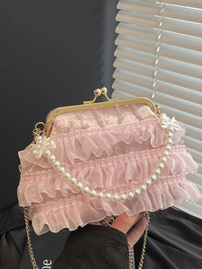 Pink fairy qipao handbag with layered ruffles, pearl handle and gold chain strap