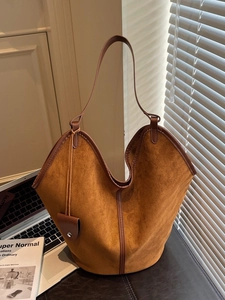 Retro large capacity brown suede bucket tote bag with leather trim for women