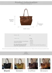 Detailed size guide for large vintage PU leather tote bag with clear measurements