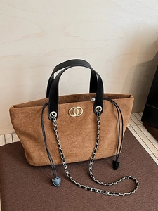 Women Suede Large Capacity Tote Bag Retro Style Double Ring Gold Hardware Fashion Shoulder Bag With Chain Strap Elegant Handbag