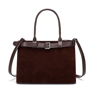 Dark brown suede handbag with leather straps and silver buckle detail for women
