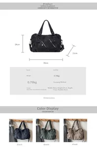 Macro view of suede tote bag details showing dimensions, metal zipper and color variants