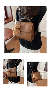 Three-angle view of vintage brown backpack with letter embossing and plush bear charm