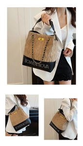Detail of a brown quilted fabric bucket bag with metal studs and chain strap