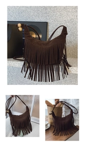 Detail of dark brown suede tassel bag featuring wooden beads and boho fringe accents