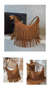 Detail of caramel suede fringe crossbody bag with wooden beads and bohemian style