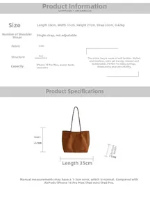 Size chart showing suede tote bag dimensions 35x11x27cm with strap height of 33cm