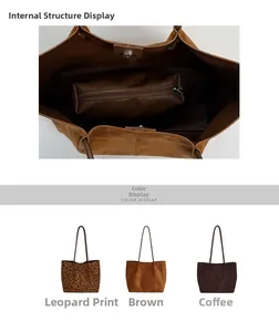 Detail view of large tote bag interior and three color options with inner pouch