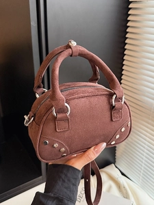 Brown suede dome handbag with silver rivets and dual handles for women casual wear