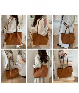 Detailed views of a large brown suede tote bag shown on a model in various poses