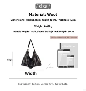 Detailed size guide and capacity chart for large woolen contrast color tote bag