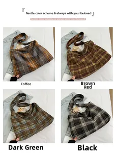 Four color options of large plaid wool tote bags in coffee brown green and black