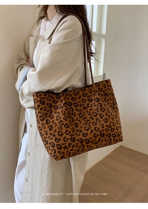 Detail of large leopard print tote bag with brown faux leather straps for daily commute