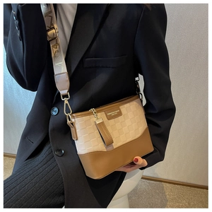 Detail of checkered crossbody bag with wide logo strap and metallic brand plate