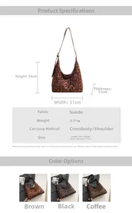 Detailed view of leopard print faux suede hobo bag with dimensions and material specs