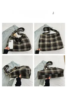 Detailed four-angle collage of brown and black plaid tote bag with wide strap and side rivets