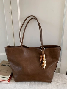Sac Cabas pour Femme Grande Capacité en Cuir PU Avec Gland de Perles Rétro Sac à Épaule Simple Élégant pour Navettage Quotidien