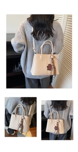 Detail of cream tote bag featuring lychee grain leather texture and a cute bear charm