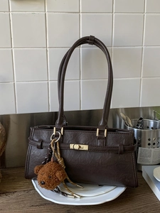 Retro dark brown faux leather tote bag with gold metal buckle and cute bear charm