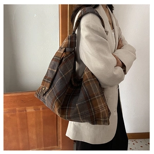 Chic large wool tote bag with classic brown-grey plaid pattern for autumn and winter outfits