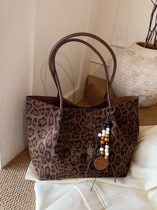 Borsa tote leopardata con nappa di perline, borsa a spalla vintage autunno da donna