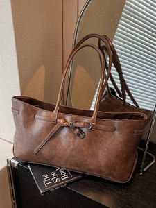 Retro dark brown PU leather tote bag with metal buckle and large capacity shoulder straps