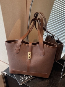 Brown litchi grain large tote bag with gold metal buckle decoration for women