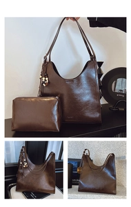 Détail du sac cabas vintage marron avec gland en perles et petite pochette zippée assortie