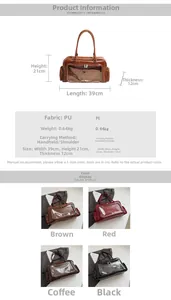 Detailed size specifications for large PU leather tote bag with transparent window detail