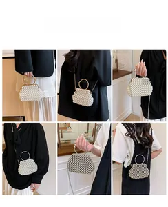 Multiple views of elegant pearl beaded handbag with circular handle and metal chain