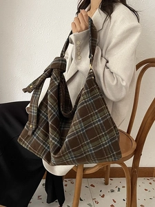 Large capacity green plaid wool tote bag with knotted shoulder strap for women