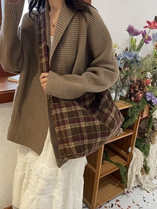 Large plaid wool tote bag in dark brown and yellow, autumn shoulder bag for women