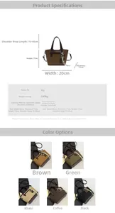 Detailed size chart for minimalist PU leather handbag with five color options and dimensions