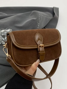 Vintage Frosted PU Suede Shoulder Bag For Women Street Fashion Splicing Crossbody Underarm Small Square Bag With Belt Buckle